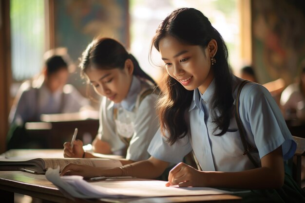 dos adolescentes escribiendo en un salón de clases al estilo del arte tailandés fuerte luz de impacto emocional