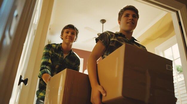 Foto dos adolescentes llevan cajas a una casa nueva el día de la mudanza están emocionados de comenzar un nuevo capítulo en sus vidas