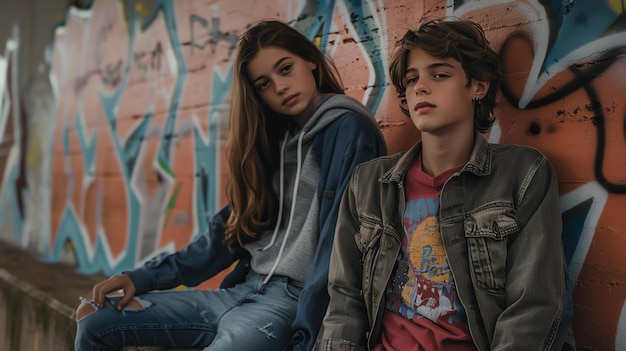 Foto dos adolescentes, un niño y una niña, están sentados en un banco frente a una pared cubierta de graffiti. el niño lleva una chaqueta de jeans y una camisa roja.