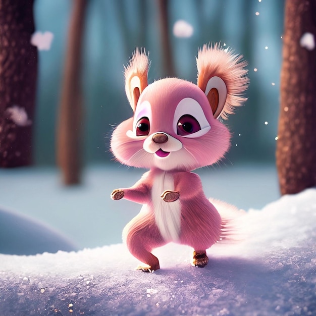dos adorables ardillas bebé bailando en la nieve en el bosque renderizado en el estilo de la animación