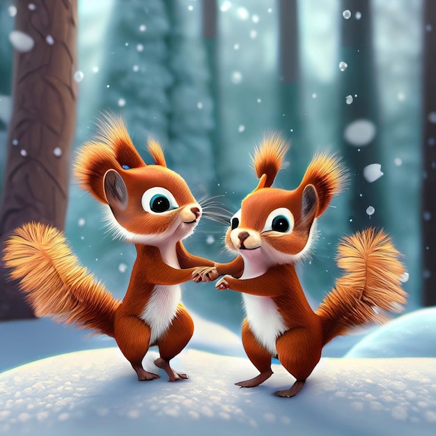 dos adorables ardillas bebé bailando en la nieve en el bosque renderizado en el estilo de la animación