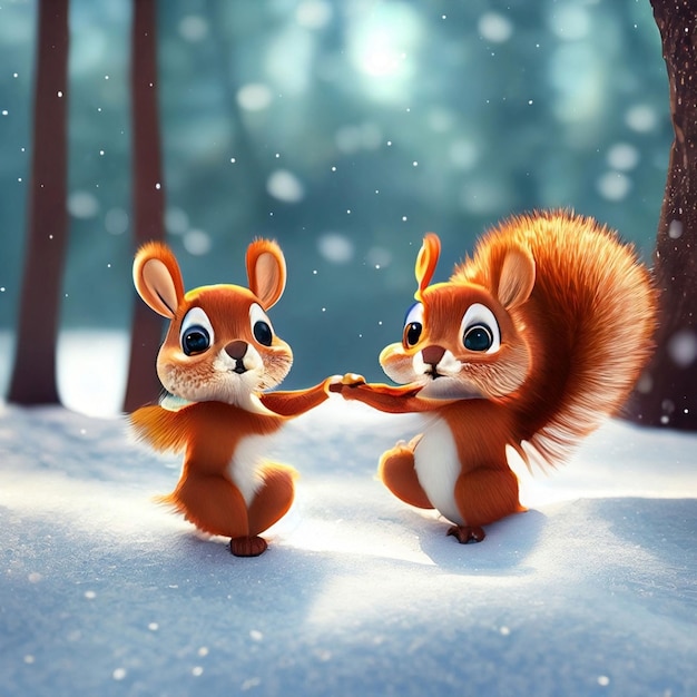 dos adorables ardillas bebé bailando en la nieve en el bosque renderizado en el estilo de la animación
