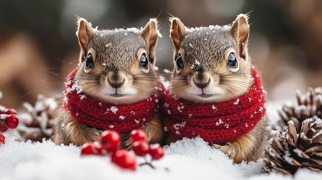 Dos adorables ardillas bebé con bufandas rojas en la nieve rodeadas de cones de pino y bayas