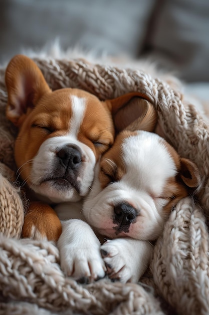 Dos adorables cachorros durmiendo plácidamente envueltos en una acogedora manta, imagen perfecta de amistad y comodidad AI