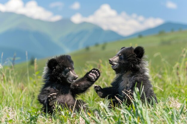 Foto dos adorables cachorros de oso tian shan con garras blancas juegan en la hierba