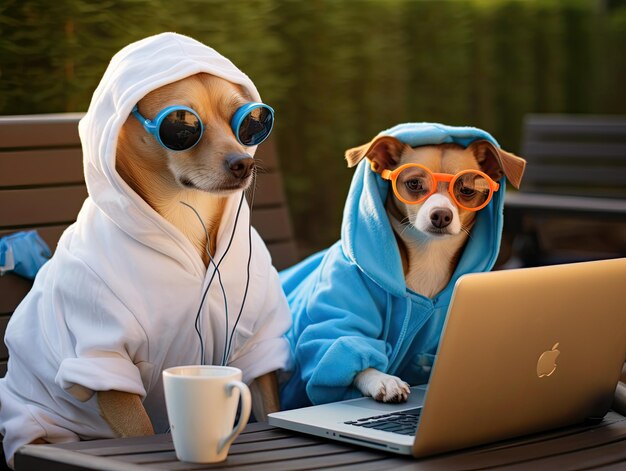 Foto dos adorables chihuahuas hipsters con gafas de sol y sudaderas con capucha de colores vibrantes usando una computadora portátil al aire libre