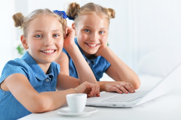 Dos adorables hermanas gemelas usando laptop en casa