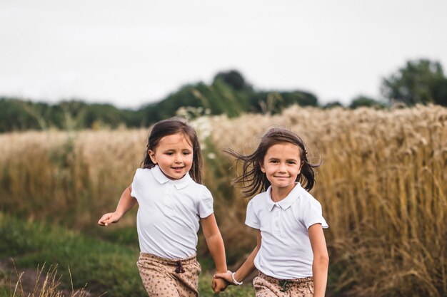 Dos adorables hermanitas caminando felizmente en el campo de trigo en un cálido y soleado día de verano