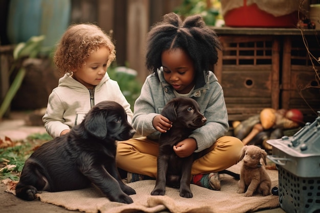 Dos adorables niñitas interculturales con ropa informal jugando con una mascota esponjosa mientras están de pie junto a una mesa de madera en el salón y preparándose para la IA generativa de Pascua