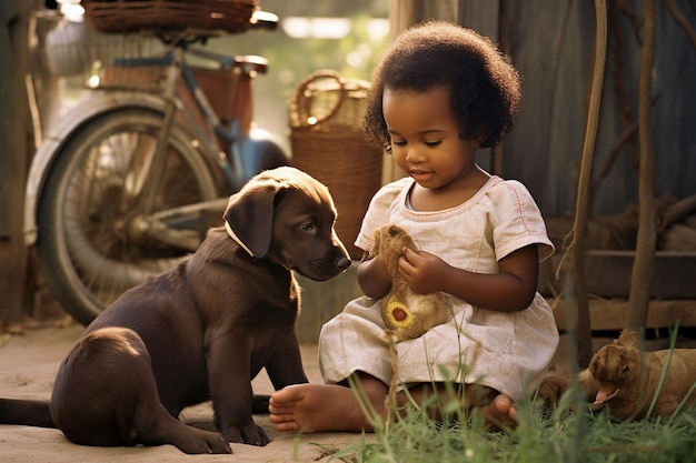 Dos adorables niñitas interculturales con ropa informal jugando con una mascota esponjosa mientras están de pie junto a una mesa de madera en el salón y preparándose para la IA generativa de Pascua