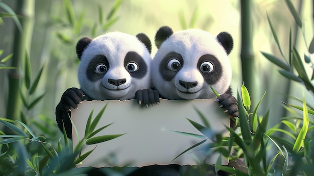 Dos adorables pandas de dibujos animados con un cartel en blanco en un bosque de bambú