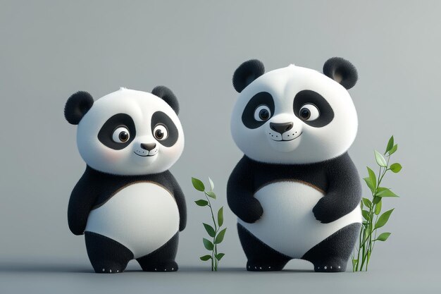 Dos adorables pandas de dibujos animados de pie juntos