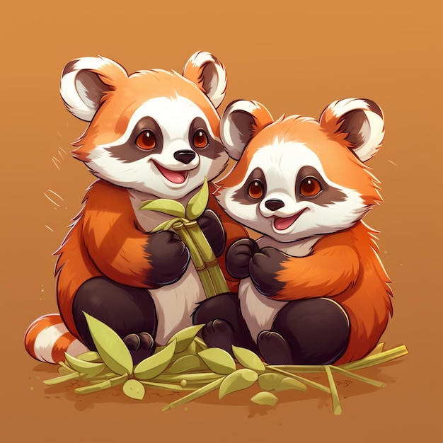 Foto dos adorables pandas rojos bebés comiendo bambú