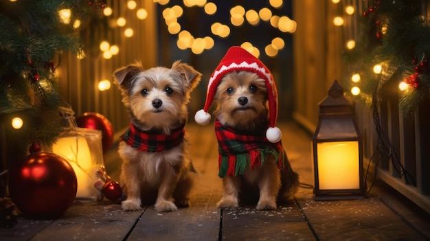 Dos adorables perros pequeños con gorros de Papá Noel se encuentran frente a un porche decorado con árboles en miniatura y linternas