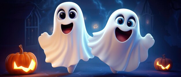 Dos adorables personajes de dibujos animados en el fondo feliz de Halloween
