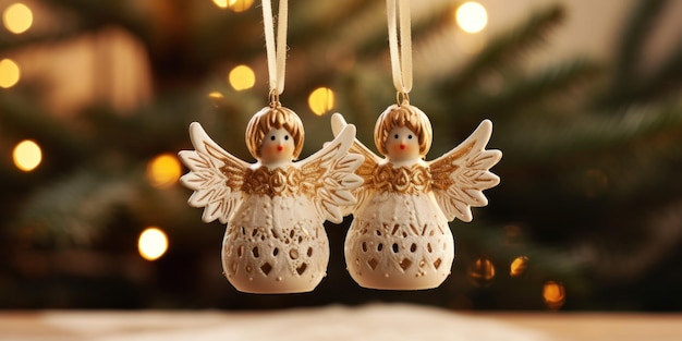 Foto dos adornos de ángeles colgando de un árbol de navidad