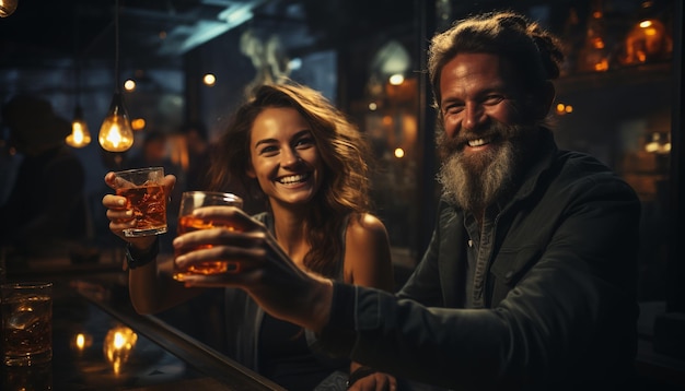 Foto dos adultos jóvenes sonriendo disfrutando de una bebida en un bar generado por inteligencia artificial