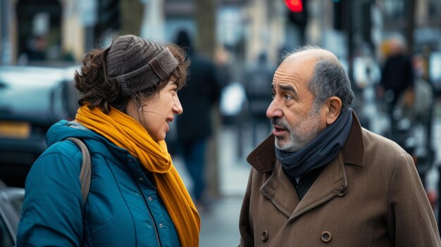 Dos adultos con trajes de invierno profundamente involucrados en una conversación en una acera de la ciudad rodeados de cálidas luces de la noche