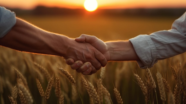 Foto dos agricultores se dan la mano frente a un campo de trigo