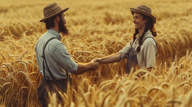 Dos agricultores intercambian un apretón de manos con el telón de fondo de un campo de trigo personas hermosas sonriendo