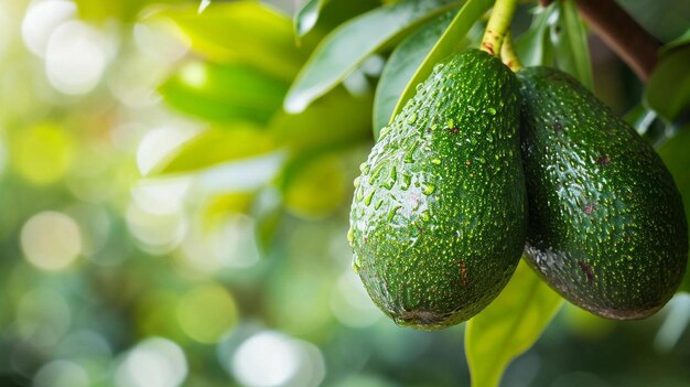 Foto dos aguacates verdes colgando de un árbol