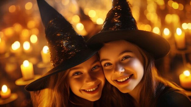 Dos alegres adolescentes con sombreros de bruja celebran Halloween sonriendo y posando juntas contra un fondo de fiesta festiva con luces de velas IA generativa