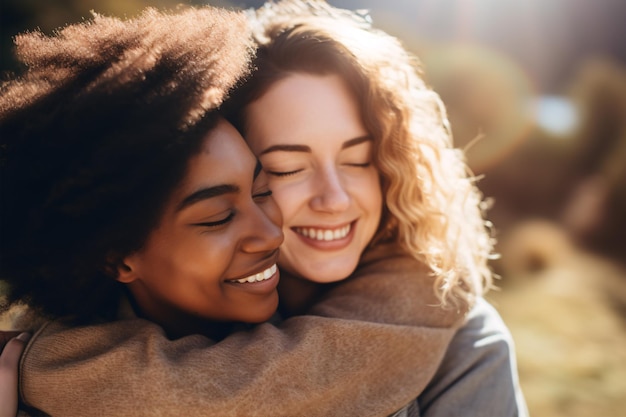 Dos alegres amigas multiculturales abrazándose amorosamente al aire libre