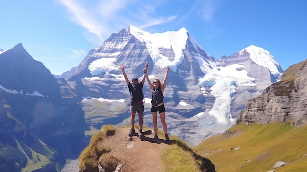 Dos alegres ancianos disfrutan juntos del Jungfrau en los Alpes Generative AI Suiza