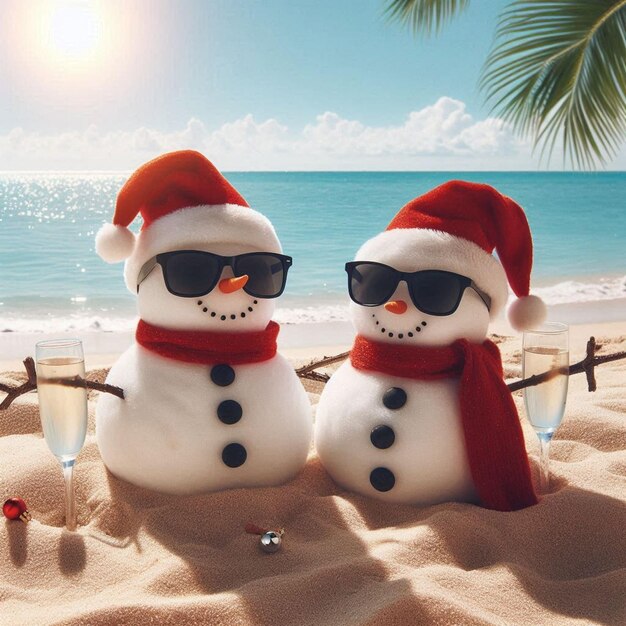 Dos alegres muñecos de nieve se sientan en una playa de arena del océano llevan sombreros de Papá Noel y gafas de sol tarjeta de Navidad