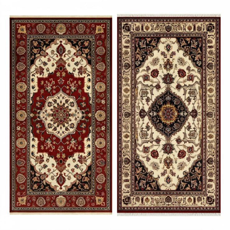Dos alfombras ornamentadas de estilo persa con diseños intrincados una predominantemente roja y la otra crema