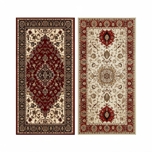 Dos alfombras rectangulares tradicionales con intrincados diseños florales y ricos esquemas de colores colocados uno al lado del otro