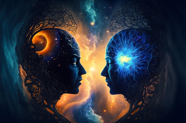 Dos almas hablando en el reino astral del multiverso Estrellas de la galaxia y planetas dentro de la mente Relación de retrato y amor