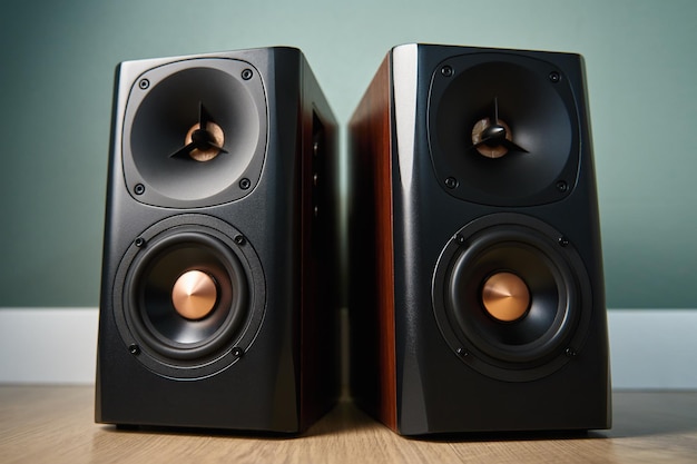 Dos altavoces de sonido en el piso para escuchar música equipo de audio