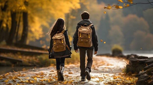 Foto dos alumnos de la escuela primaria van de la mano con las bolsas de la escuela detrás de la espalda de vuelta a la escuela
