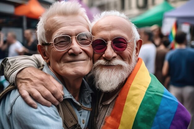 Foto dos amantes gays mayores se abrazan en el desfile lgbt