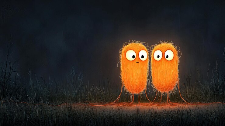 Dos amigables criaturas naranjas brillando en un campo de hierba oscura