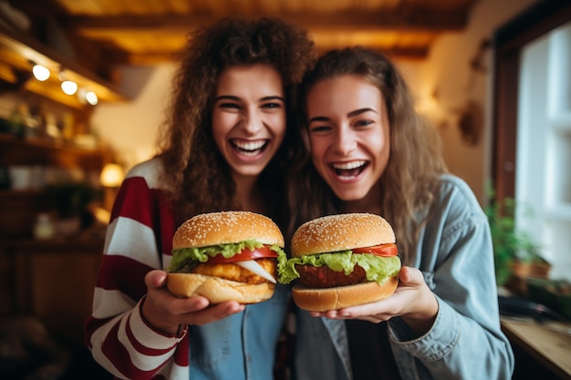 Foto dos amigas adolescentes en una casa con una hamburguesa