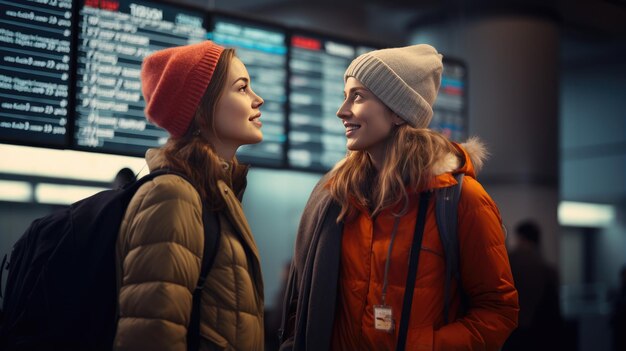 Dos amigas en el aeropuerto.