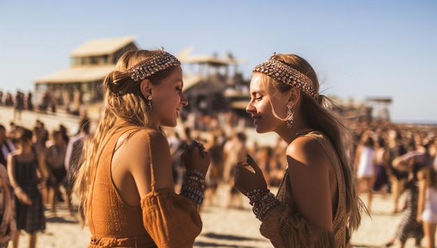 Dos amigas bailando y divirtiéndose en el festival de música en las vacaciones de verano