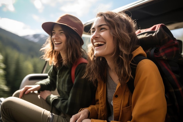 Dos amigas en coche conduciendo por la carretera con palmeras de viaje por carretera alrededor de AI Generative