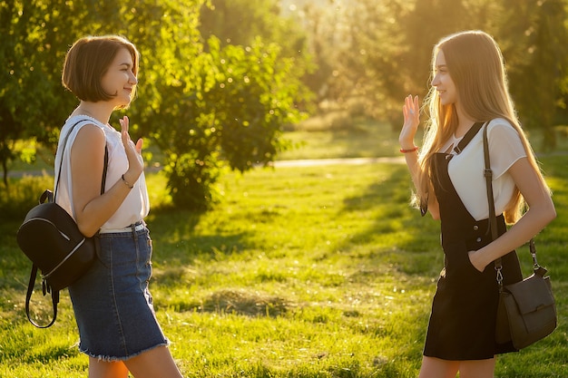 Dos amigas divertidas se conocieron en el parque.