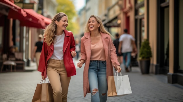 Dos amigas están caminando por la calle con bolsas mientras hacen compras.