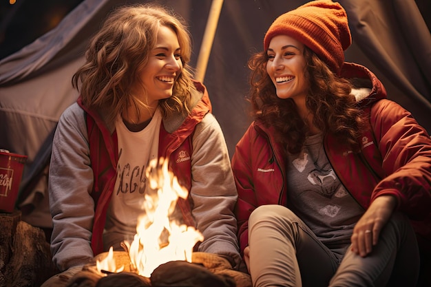 Dos amigas felices en sus 30 años disfrutando delante de una fogata