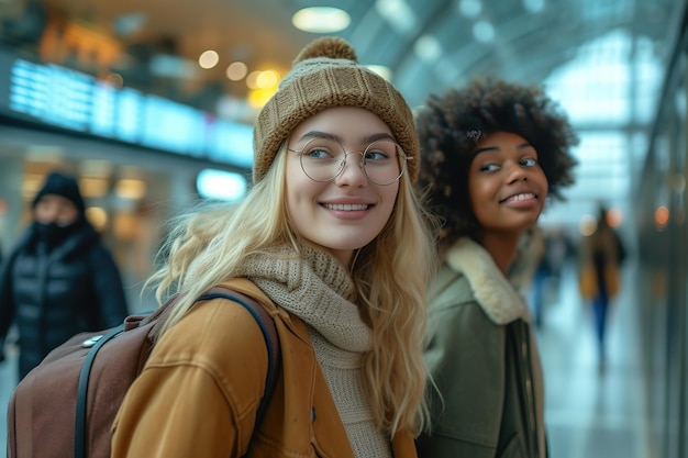 Dos amigas jóvenes diversas en el concepto de viaje de salida del aeropuerto