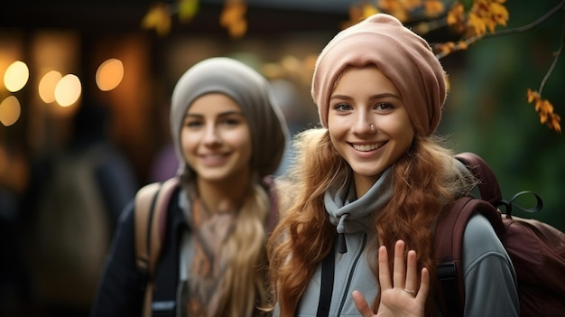 Dos amigas jóvenes sonrientes usan pañuelo en la cabeza y con mochilas agitando la mano en la calle de la ciudad