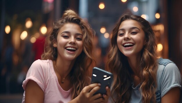 Foto dos amigas jóvenes ven un video en un teléfono inteligente y se ríen y se divierten