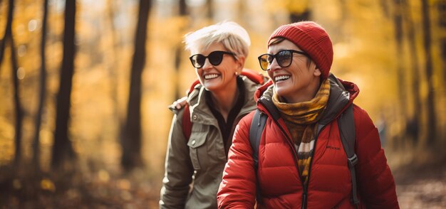 Dos amigas mayores caminando juntas por el bosque en otoño