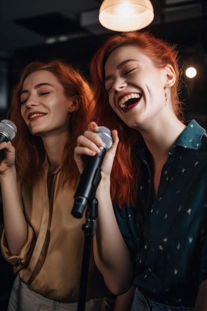Dos amigas con micrófonos cantando juntas