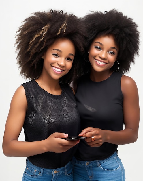 Dos amigas negras felices contra un fondo blanco