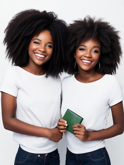 Dos amigas negras felices contra un fondo blanco